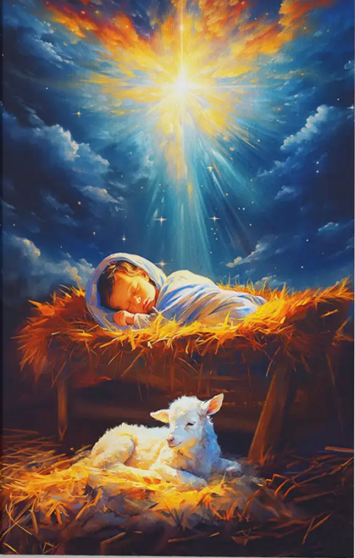 Christian Canvas Baby Jesus With A Lamb, Baby Jesus In The Manger Wall Art Canvas