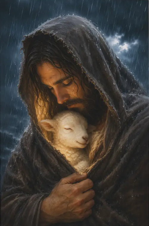 Christian Canvas The Good Shepherd Shelters His Lamb In The Rain