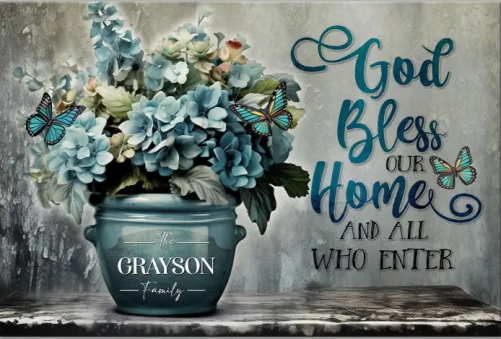 Personalized Christian Canvas God Bless Our Home, Custom Family Name Wall Art Canvas Print