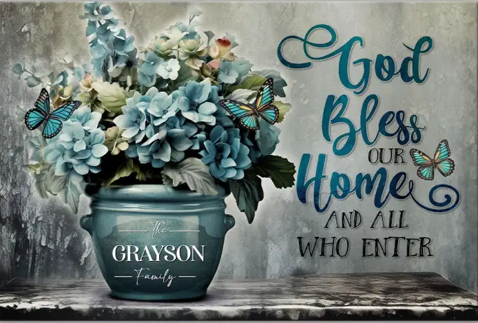 Personalized Christian Canvas God Bless Our Home, Custom Family Name Wall Art Canvas Print