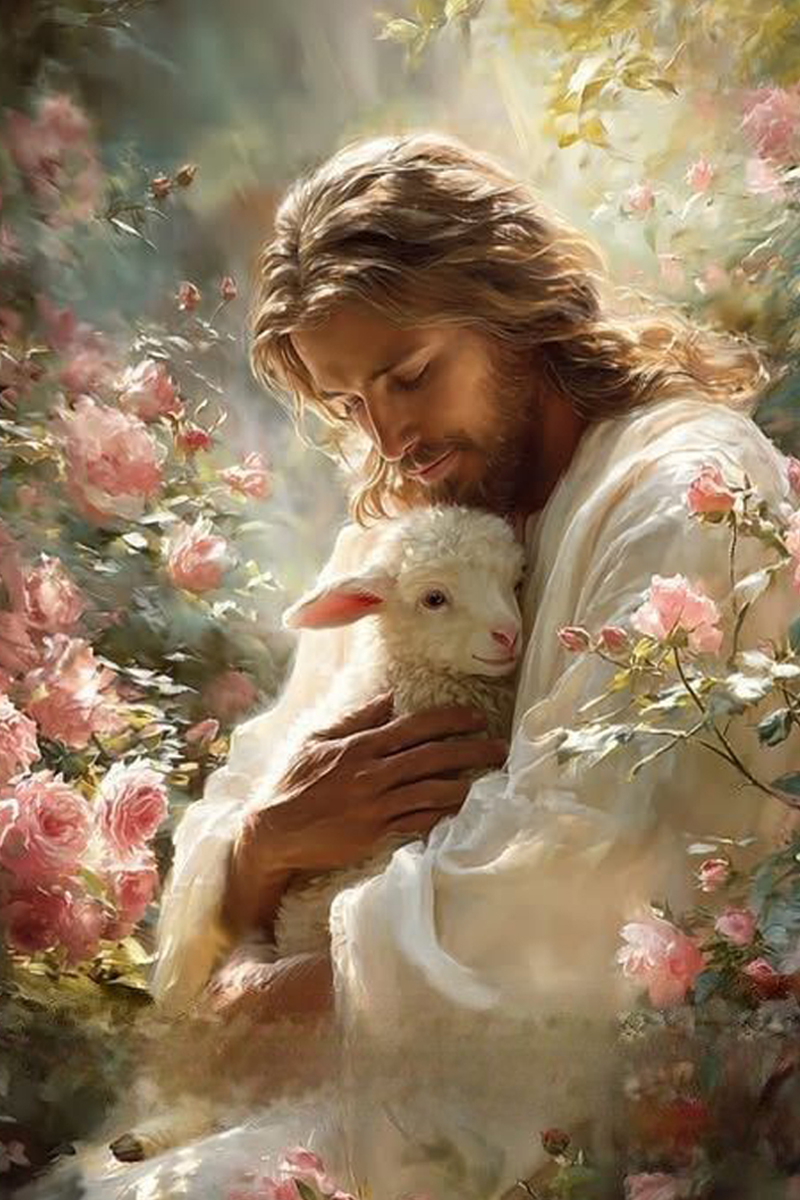 Christian Canvas Jesus Holding A Lamb In Rose Garden